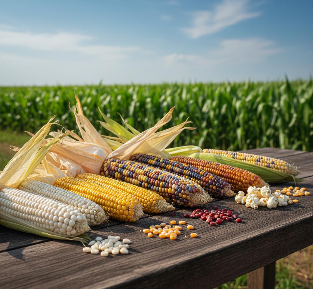 Different maize varieties showing cob color and plant structure