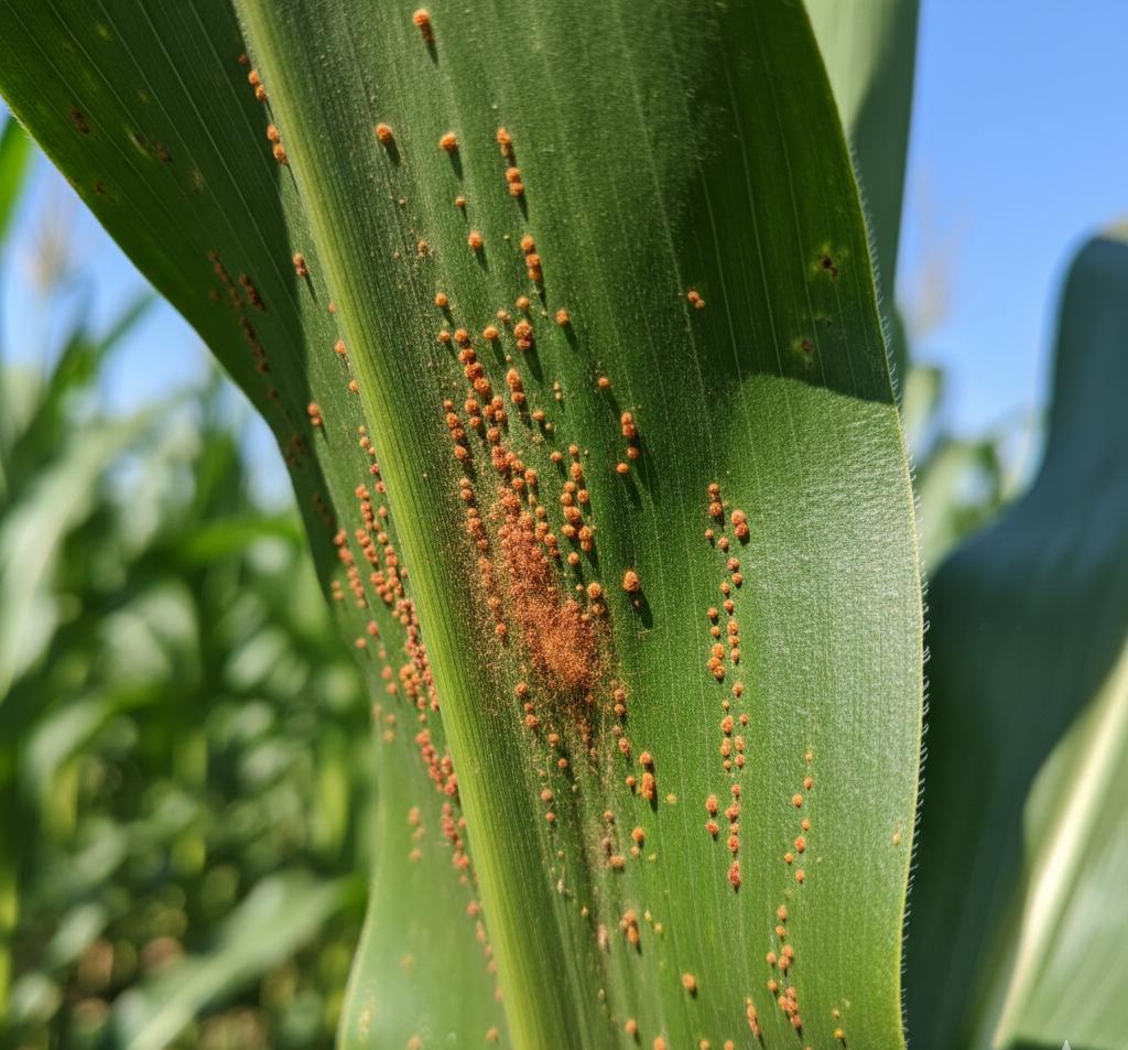 Maize rust disease showing brown powdery pustules on leaf surface