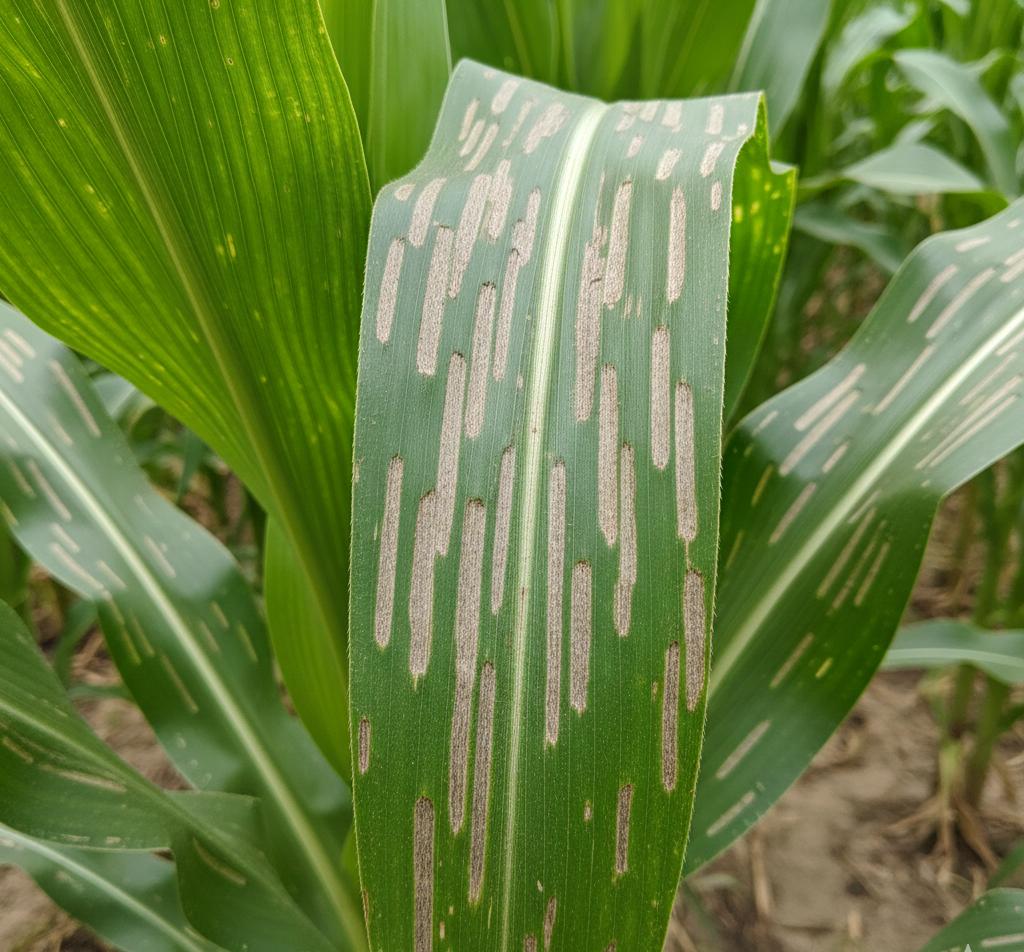Gray leaf spot rectangular lesions on maize leaf
