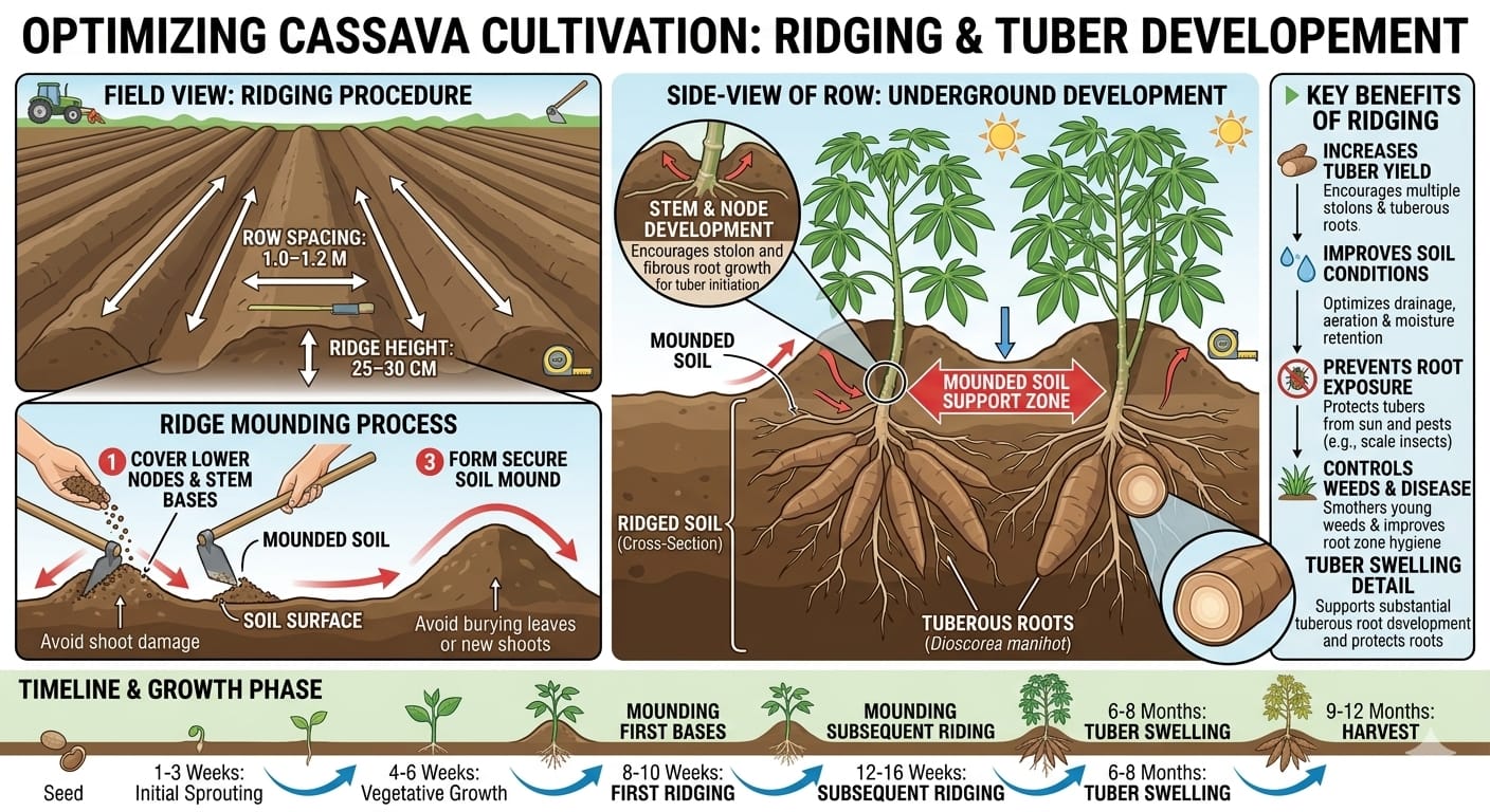 cassava cultivation field showing healthy cassava plants growing in rows in tropical farming system