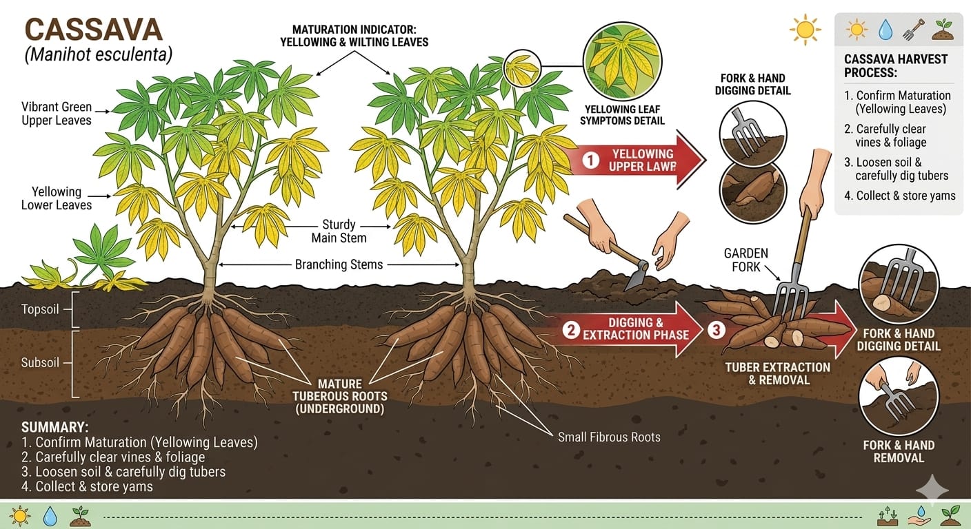 cassava harvesting process showing farmer uprooting cassava tubers from soil