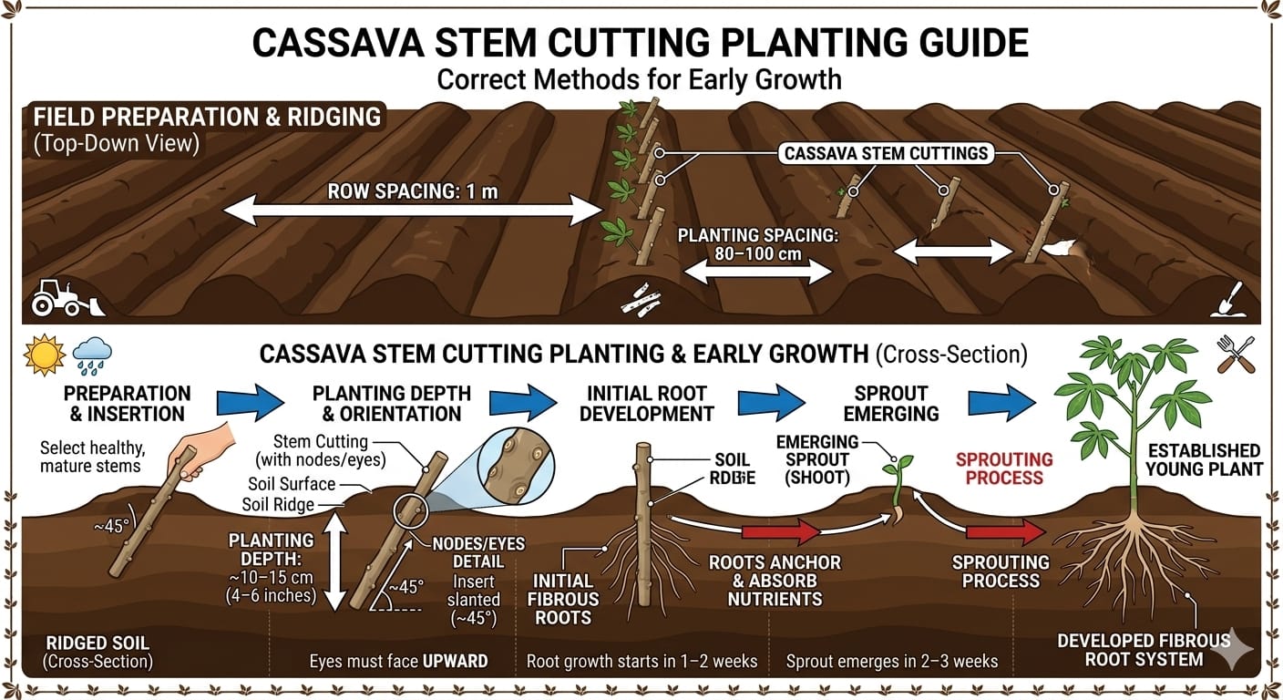 cassava stem cutting planting method showing farmers planting cassava stem cuttings in prepared soil