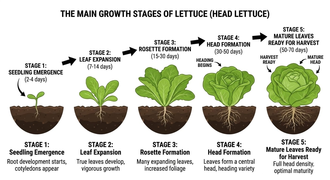 Lettuce growth stages from seedling to mature plant