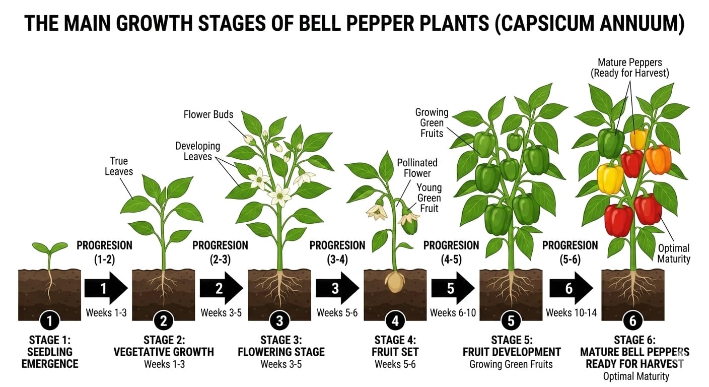 Capsicum growth stages from flowering to fruiting