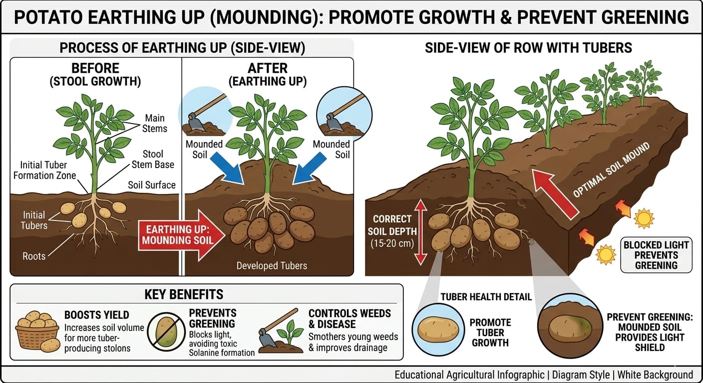 potato earthing up practice where soil is heaped around potato plants to protect developing tubers