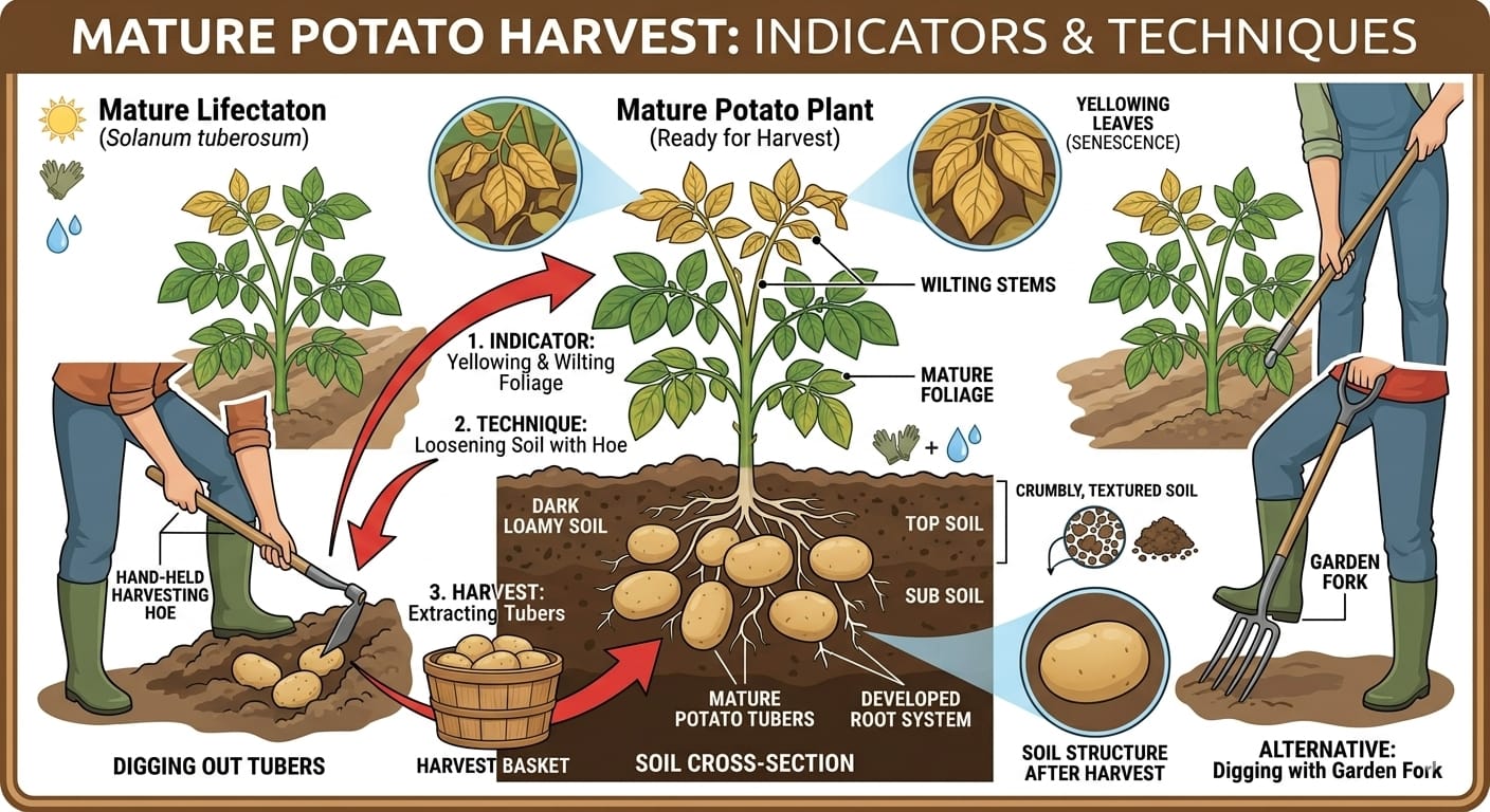 freshly harvested potatoes being collected from soil during potato harvest