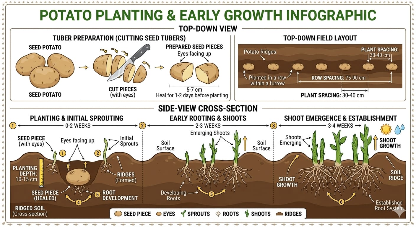 potato seed sprouting process showing chitted potatoes with sprouts ready for planting