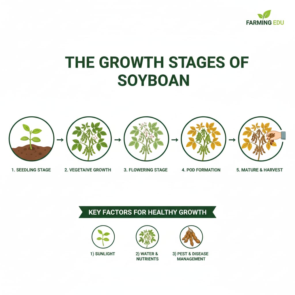 Soybean growth stages from germination vegetative growth flowering pod filling and maturity