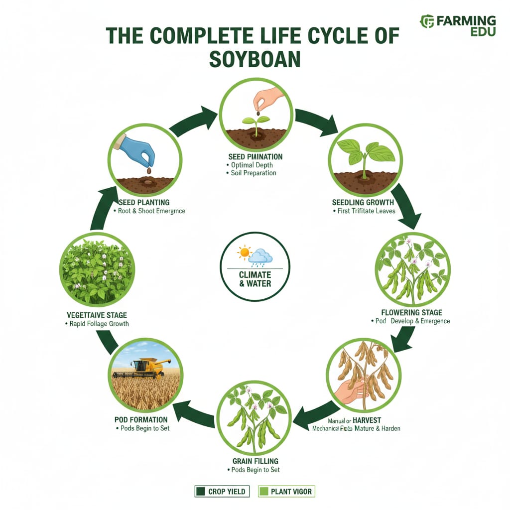 Soybean lifecycle stages from germination vegetative growth flowering pod formation and maturity