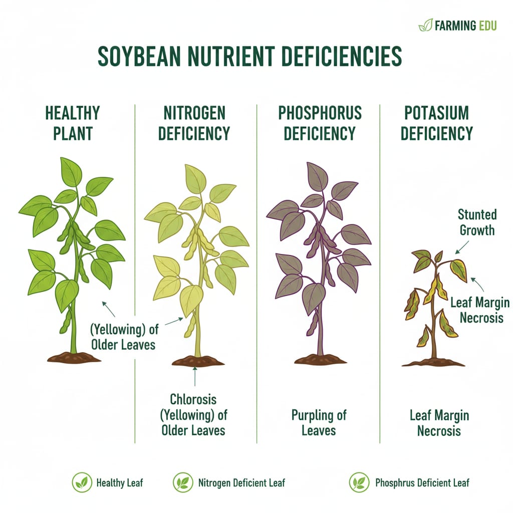 Soybean nutrient deficiency symptoms including nitrogen phosphorus potassium deficiencies