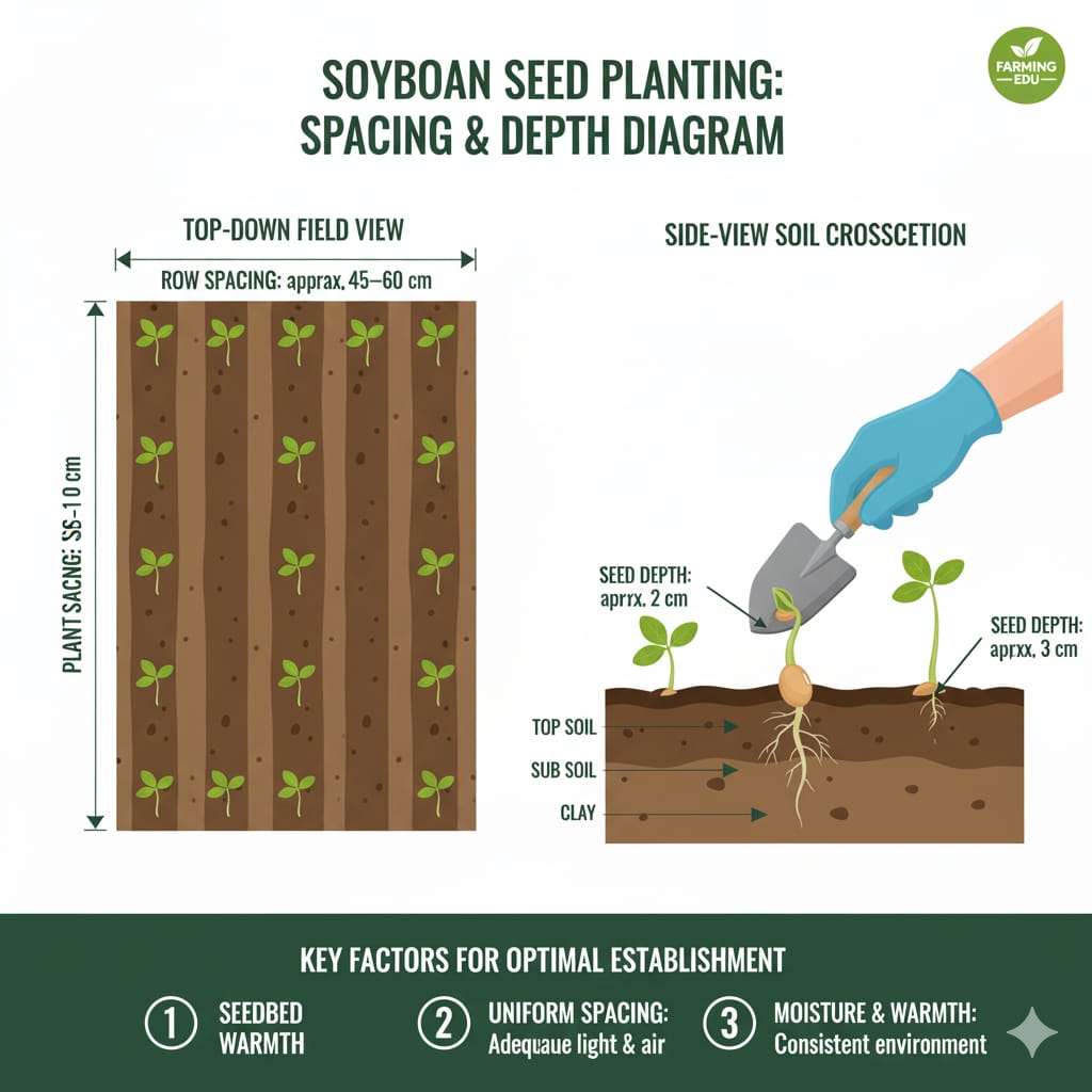 Soybean plant spacing diagram showing recommended row spacing and plant spacing