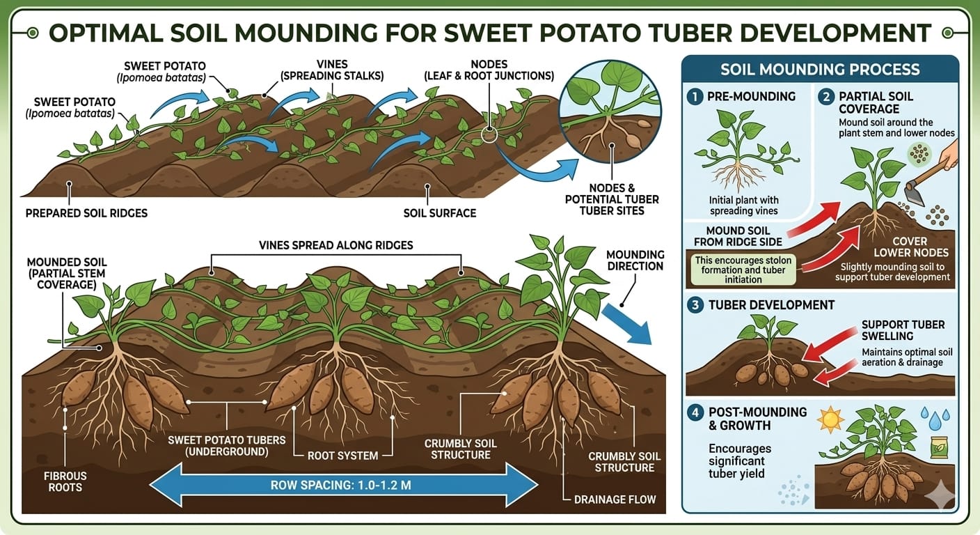 Sweet potato earthing up practice to protect tubers from sunlight and improve yield