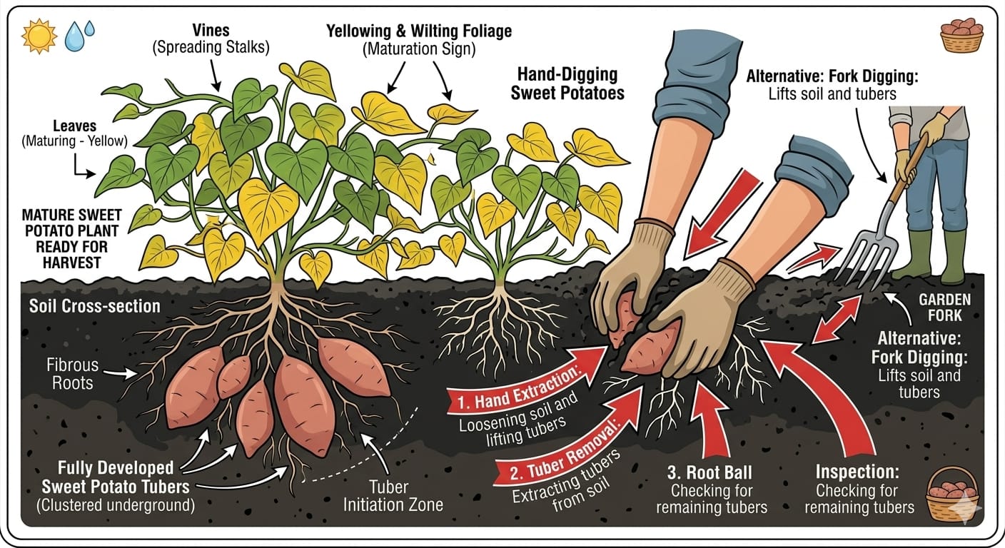 Farmers harvesting mature sweet potato tubers carefully to avoid damage
