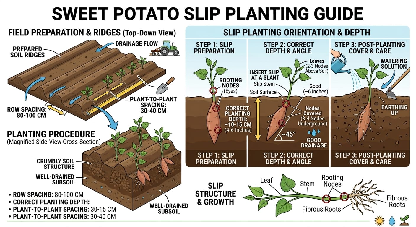 Sweet potato vine cuttings planted in ridges with 2–3 nodes covered