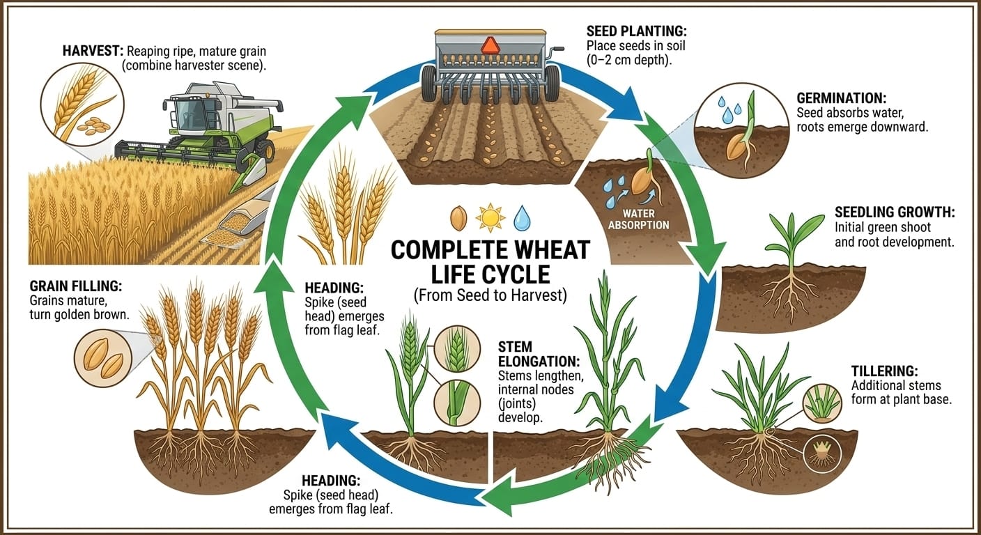 Wheat comprehensive lifecyle showing seed sprouting roots and shoots