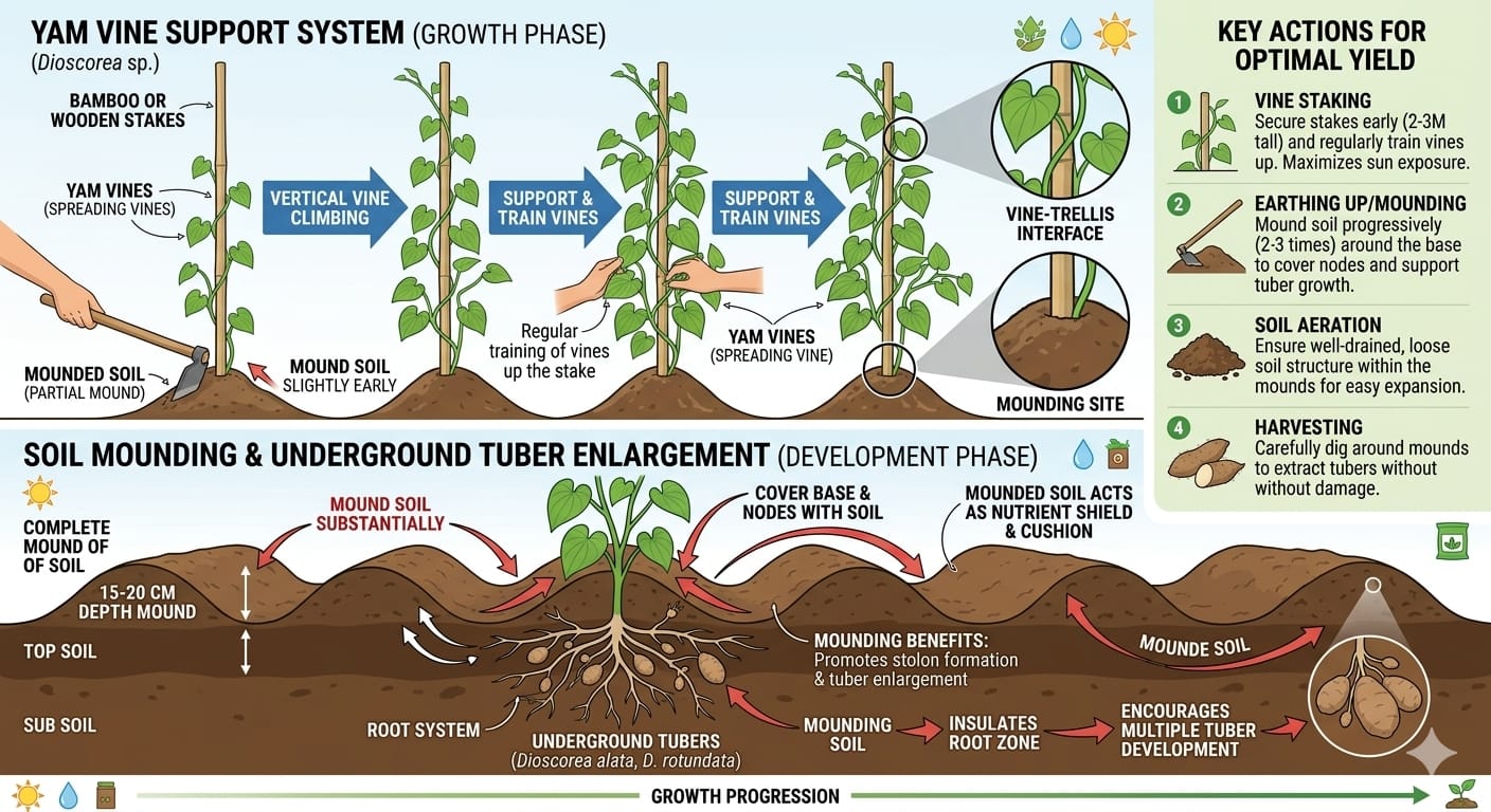 Yam earthing up for tuber protection and growth