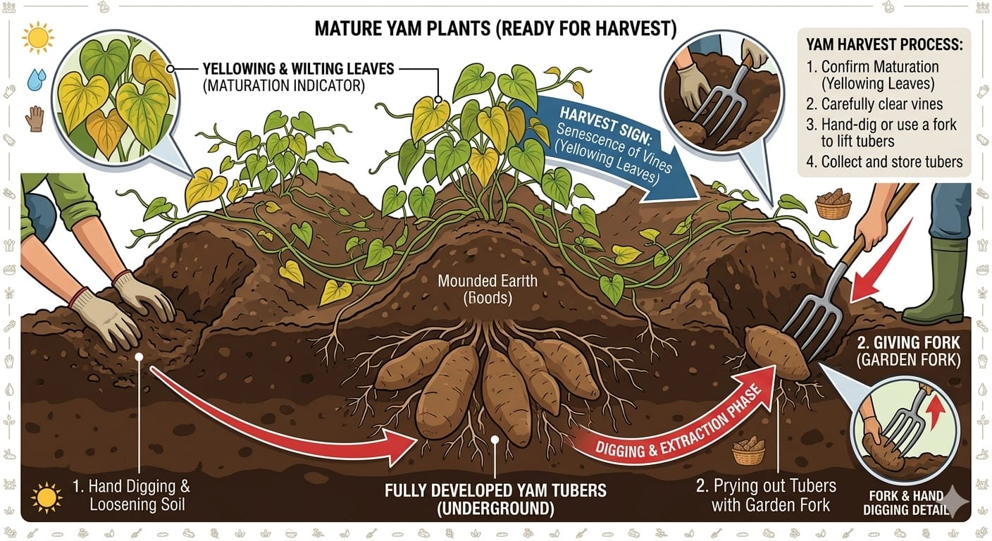 Harvesting mature yam tubers carefully